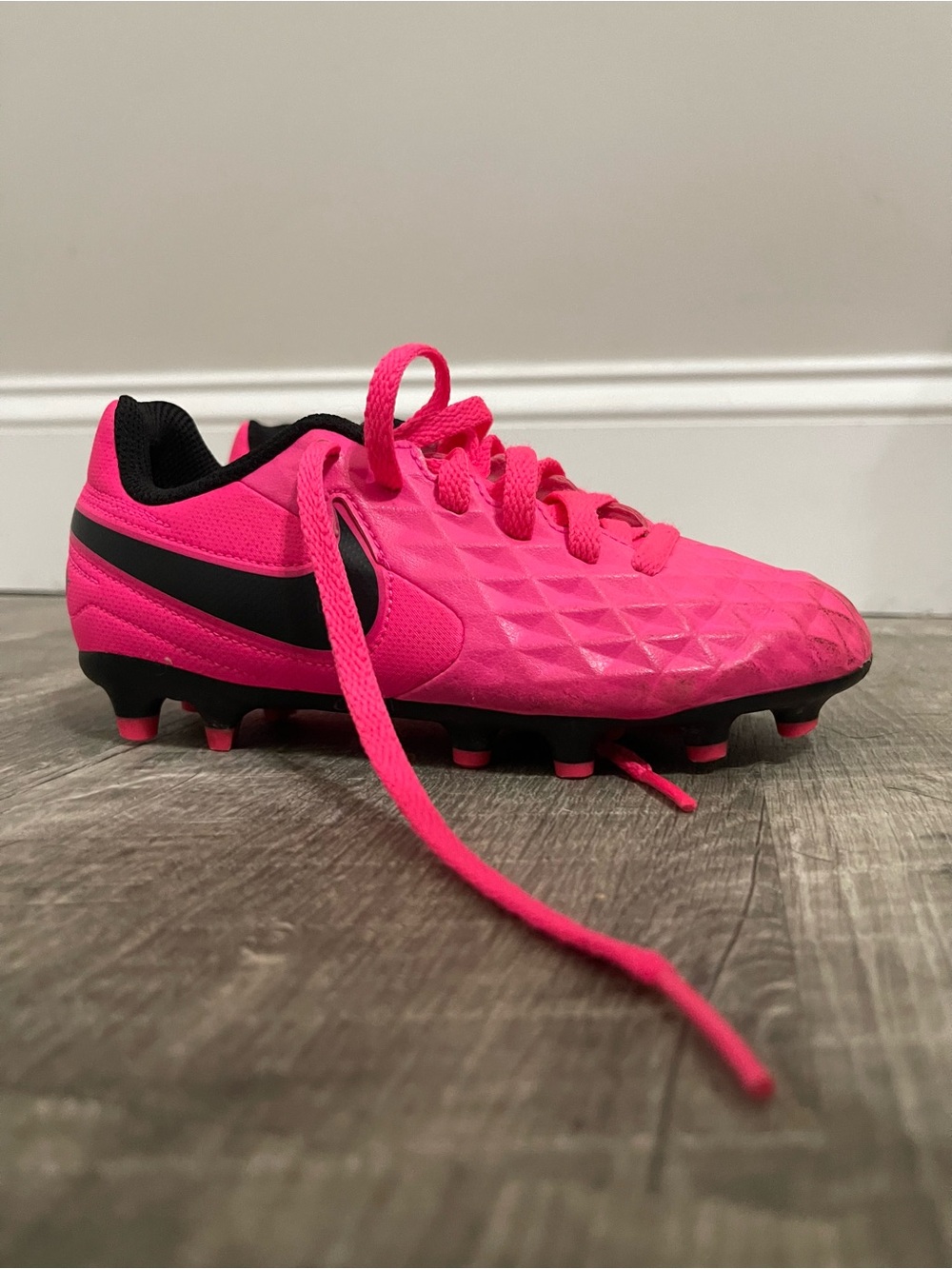 Nike Tiempo Bright Pink Soccer Cleat with Black Swoosh